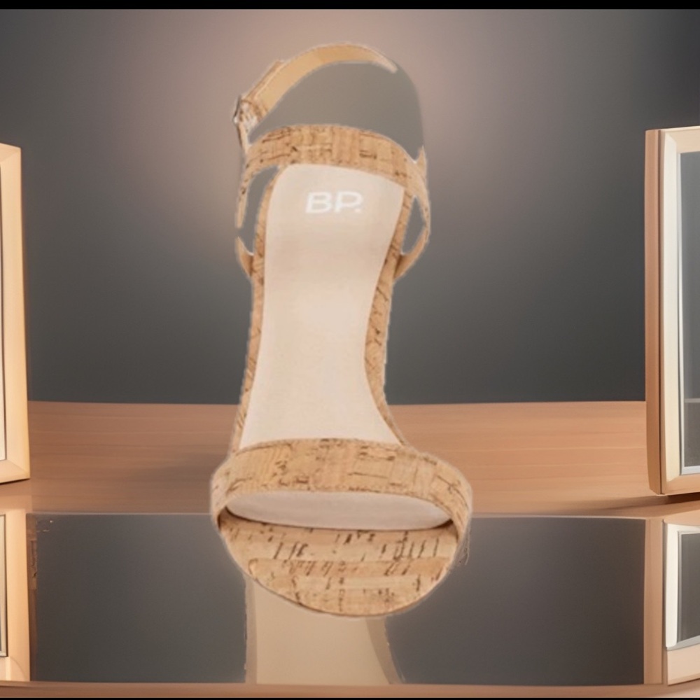 BP Natural Cork Tan Block Heeled Open Toe Slingback Sandals W/Cushion Footbed